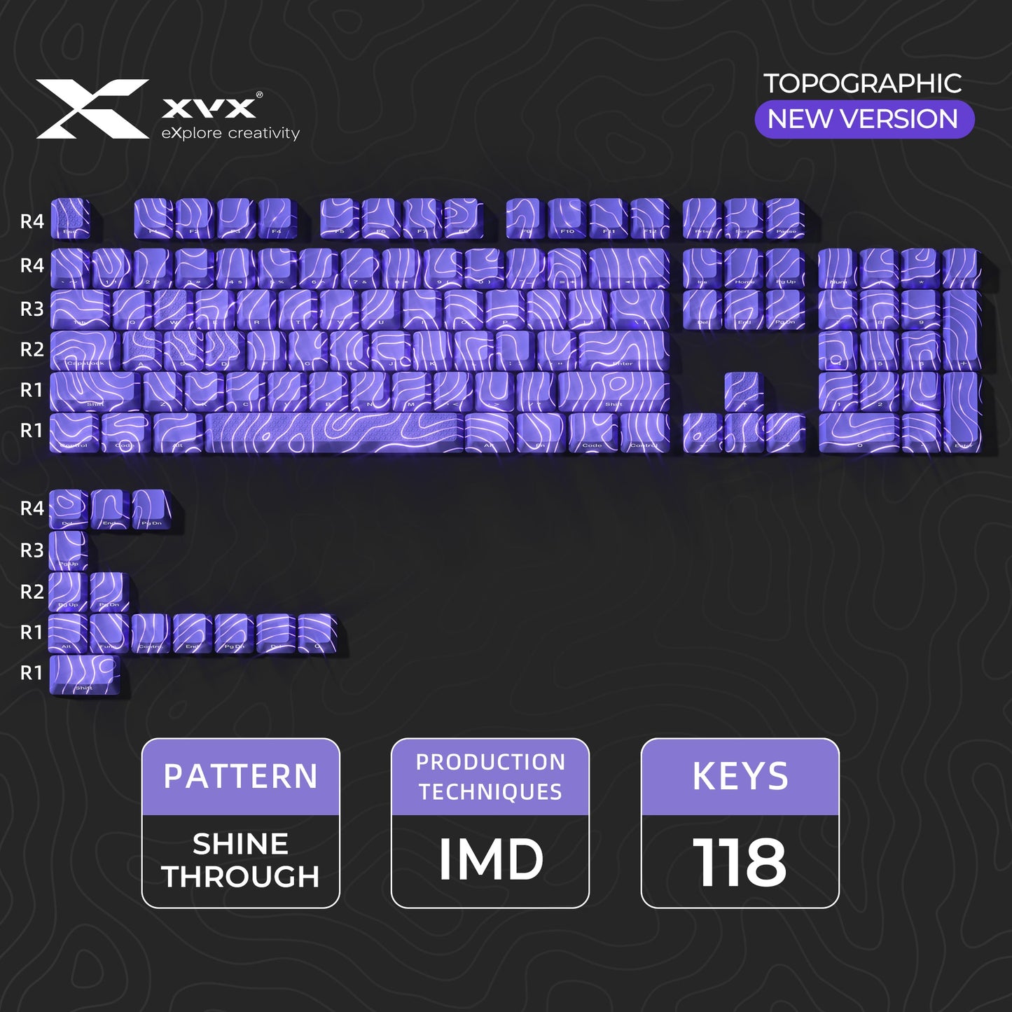 XVX IMD Topographic New Version Pattern Shine-Through OEM Profile Keycap Set